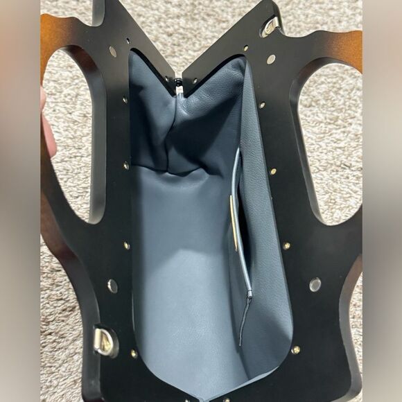 Colorblock Woven Cowhide Handmade Wooden Frame Top Handle Satchel, Crossbody Bag - Picture 15 of 16